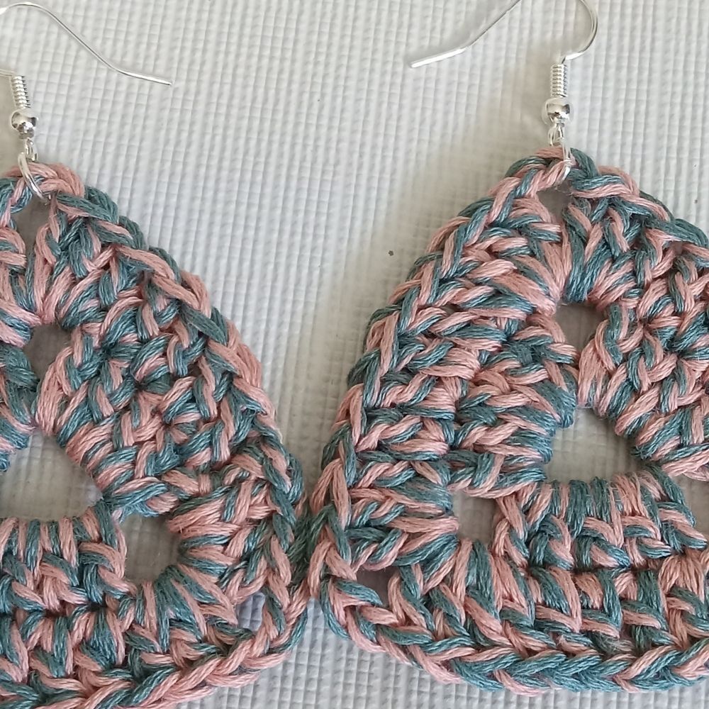 Handmade Crochet Blue and Pink Triangle Shaped Lightweight Dangle Style Earrings - Picture 4 of 11